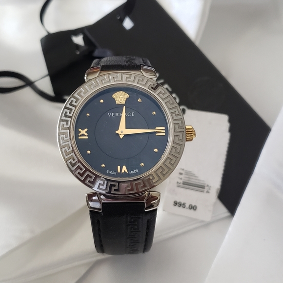 Versace Daphnis Stainless Steel/ Gold Black Leather Band Watch $995 main image 8